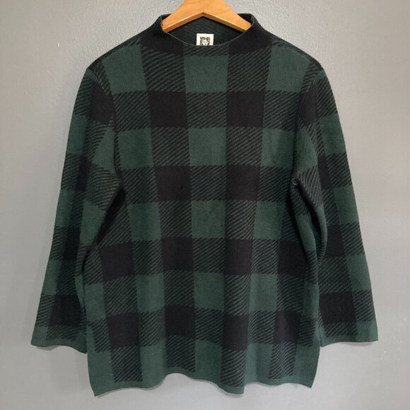 Ann Klein Women Size M Green Plaid Pulloever Cotton Blouse Top Fall Cozy Cabin - Picture 1 of 5